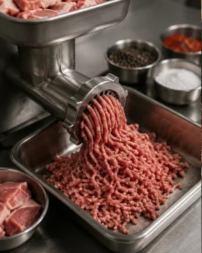 Molienda de la carne y mezcla con especias frescas