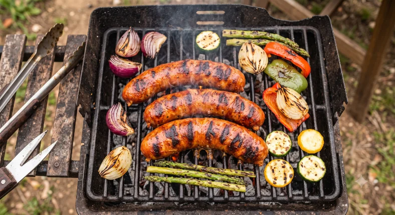 Chorizos cocinándose a la parrilla con vegetales