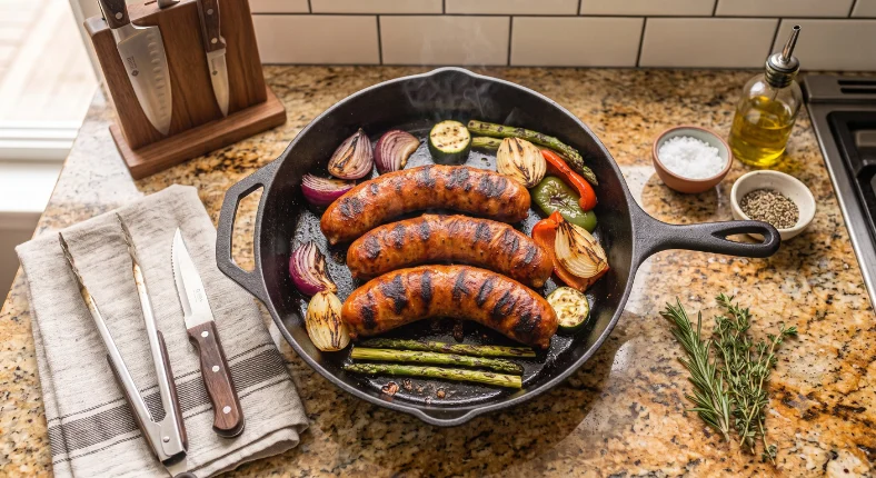 Chorizos dorados en sartén con vegetales